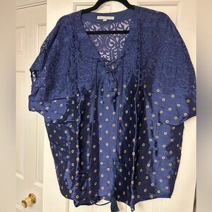 Johnny Was Navy Embroidered V-Neck Tunic with Eyelet Dot Accents